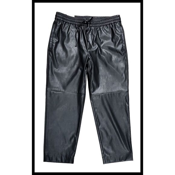 NWT Calvin Klein Vegan Faux Leather Pants Pull On Drawstring Waist Black Medium - Picture 2 of 12